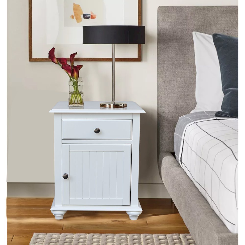 Solid Wood Nightstand with Storage Cabinet, Classic White Bedside Table. Picture 2