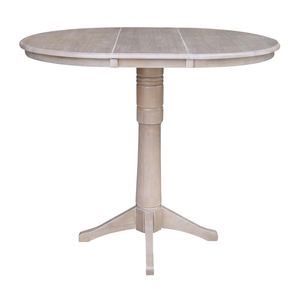 36" Round Top Pedestal Table With 12" Leaf - 40.9"H - Dining, Counter, or Bar Height, Washed Gray Taupe. Picture 3