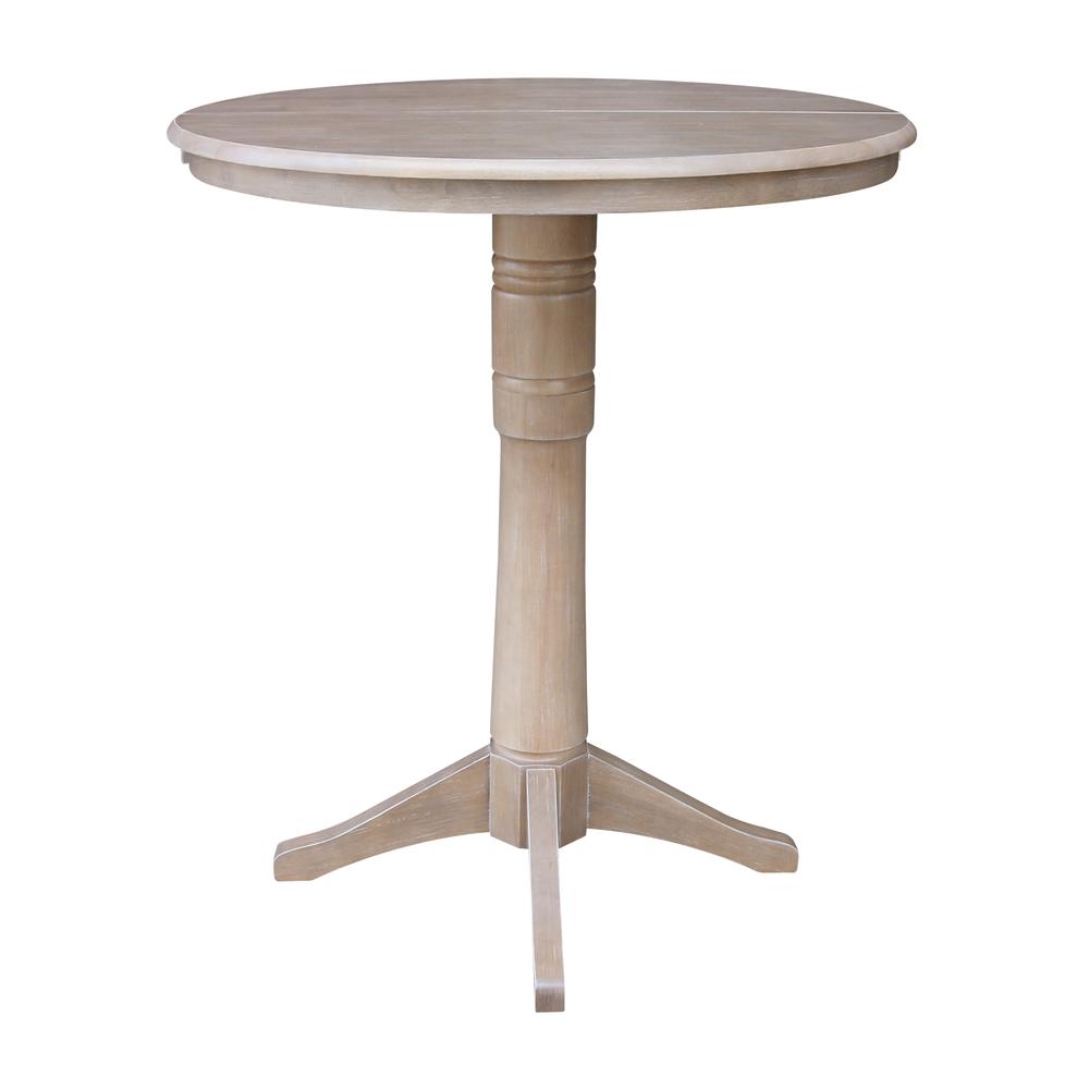 36" Round Top Pedestal Table With 12" Leaf - 40.9"H - Dining, Counter, or Bar Height, Washed Gray Taupe. Picture 6