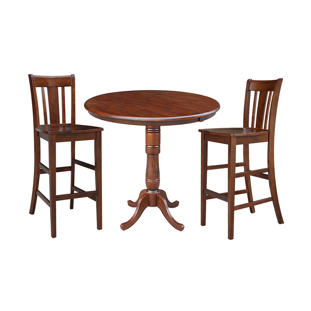 36" Round Top Pedestal Ext Table Bar Height With 12" Leaf And 2 Rta San Remo Barstools, Espresso. Picture 1