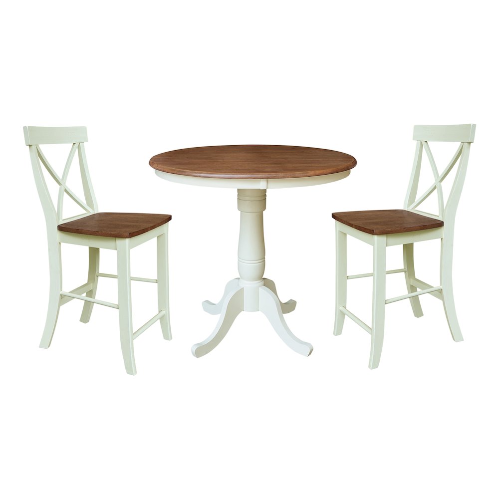 36" Round Pedestal Gathering Height Table With 2 X-Back Counter Height Stools. Picture 1
