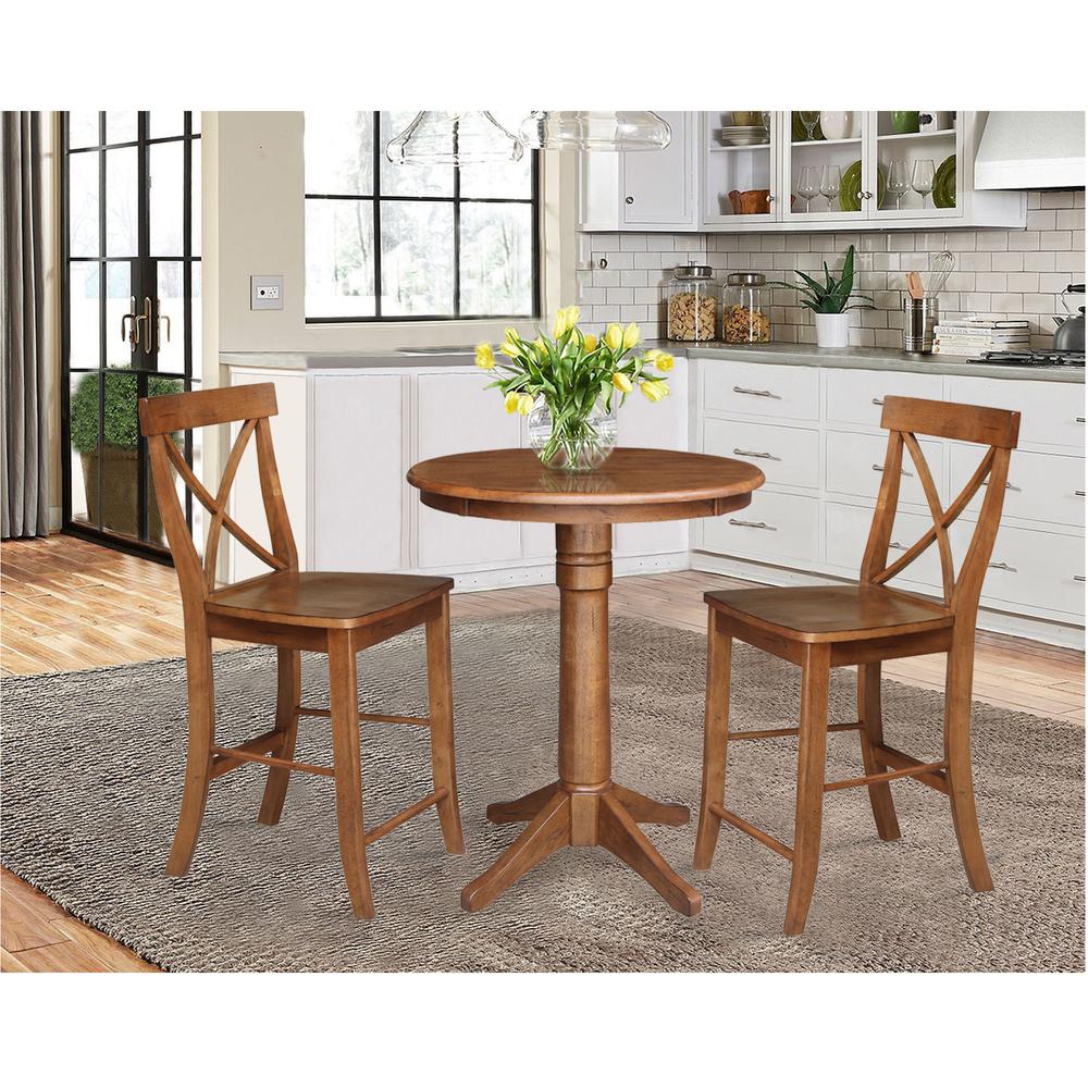30" Round Pedestal Gathering Height Table with 2 X-Back Counter Height Stools. Picture 1