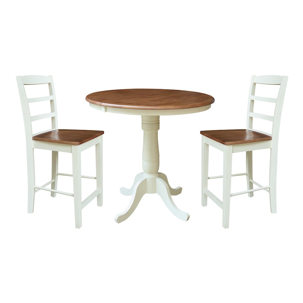 36" Round Top Pedestal Extension Dining Table with 12" Leaf and 2 Stools. Picture 1