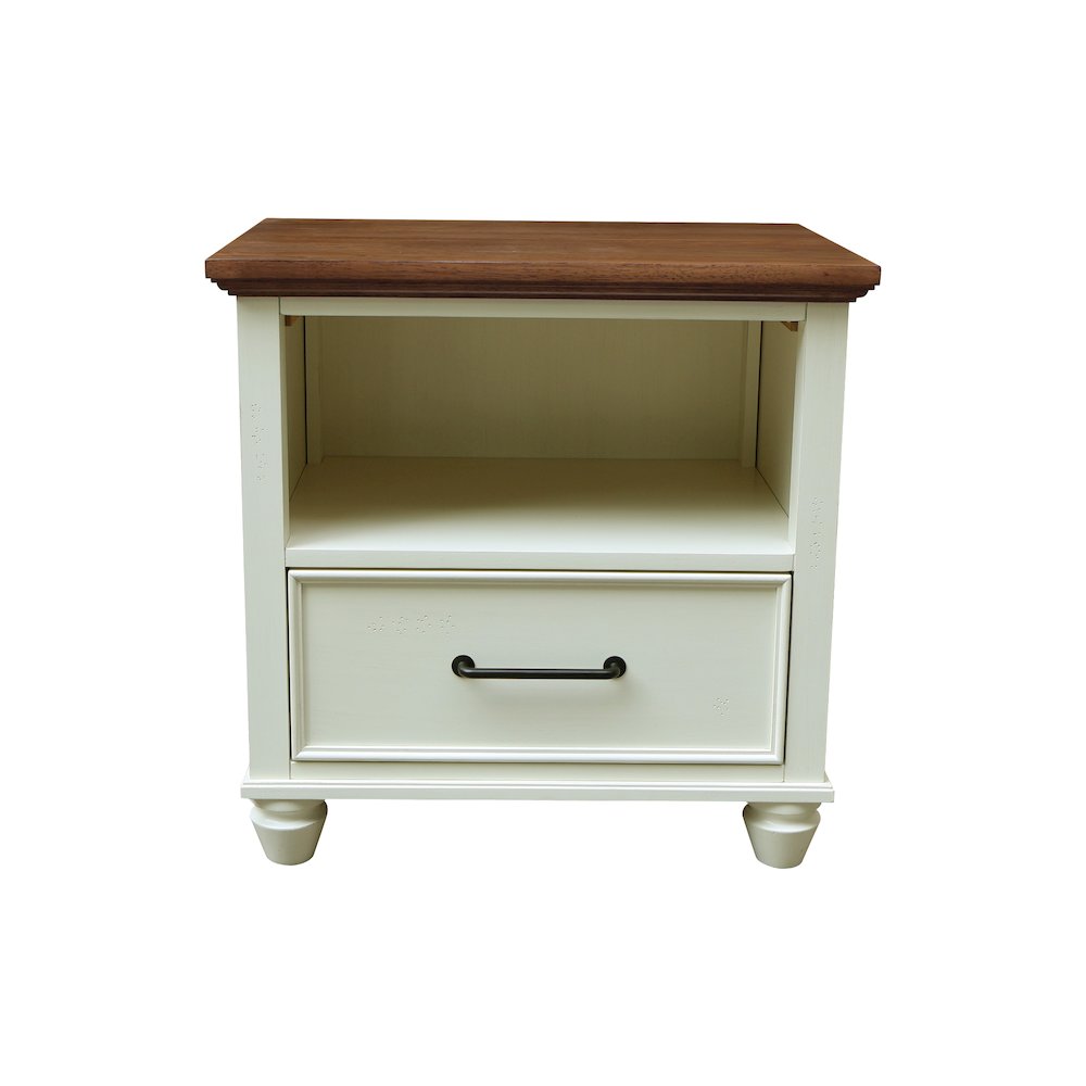 Solid Wood 1-Drawer Nightstand, Hickory and Shell Two-Tone Bedside Table. Picture 1