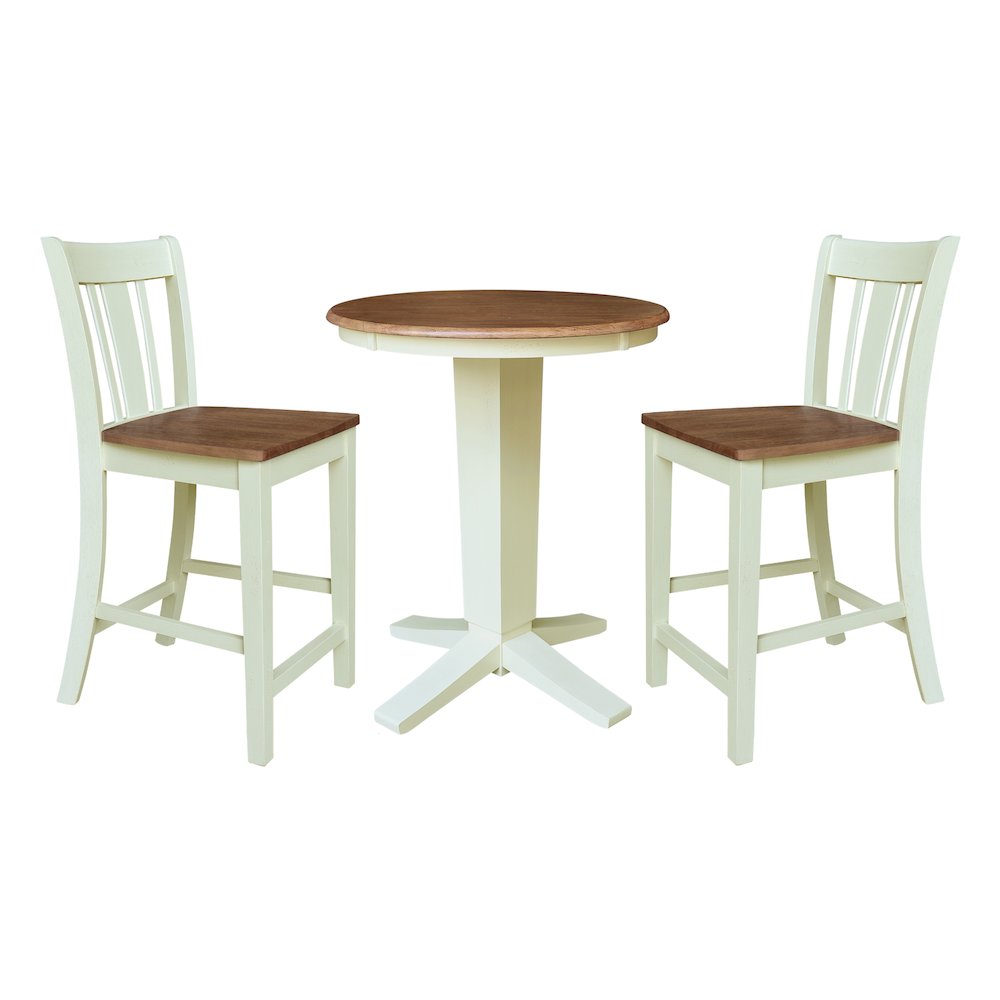 30" Solid Wood Round Top Dining Table with 2 Counter Height Stools. Picture 1