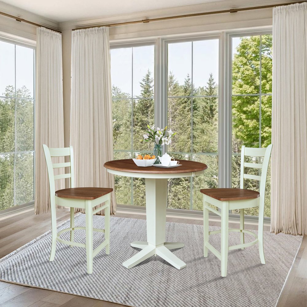 36" Solid Wood Round Extension Dining Table with 2 Counter Height Stools. Picture 4