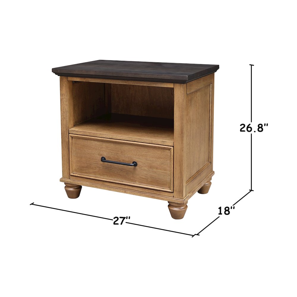 Solid Wood 1-Drawer Nightstand, Hickory & Washed Coal Two-Tone Bedside Table. Picture 3