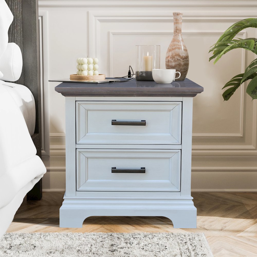 2-Drawer Nightstand with USB Charging, Mist & Heather Gray Bedside Table. Picture 2