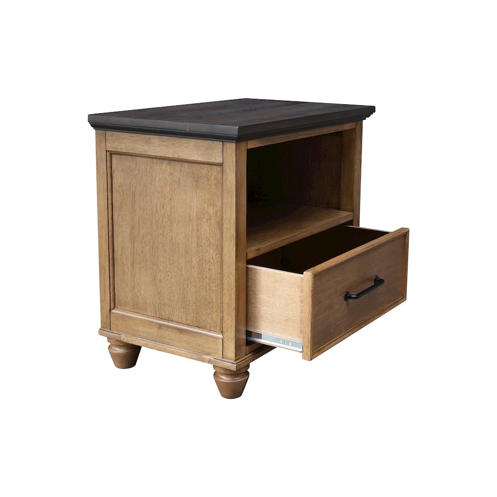 Solid Wood 1-Drawer Nightstand, Hickory & Washed Coal Two-Tone Bedside Table. Picture 9