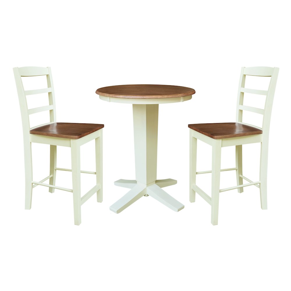 36" Solid Wood Round Top Dining Table with 2 Counter Height Stools. Picture 1