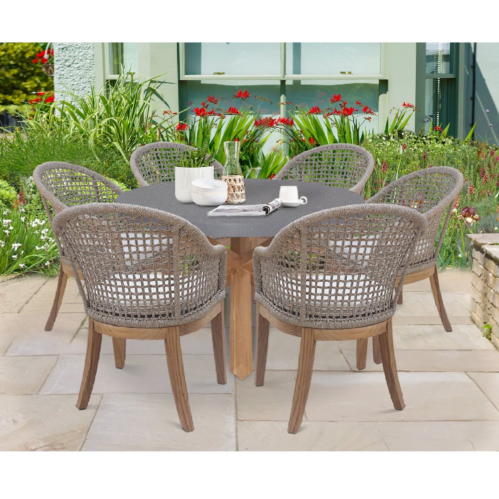Outdoor 7 Piece Teak Patio Furniture Set with a Table and 6 Chairs, Natural/Gray. Picture 8
