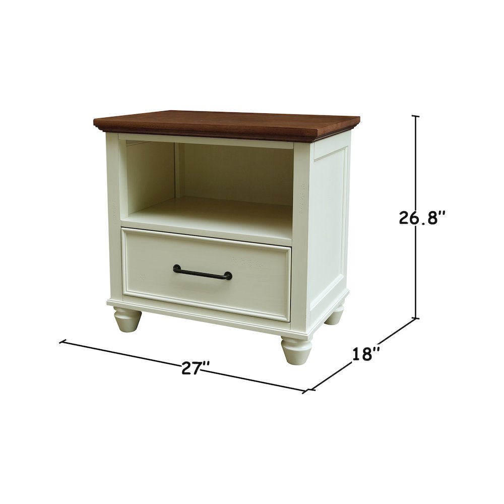 Solid Wood 1-Drawer Nightstand, Hickory and Shell Two-Tone Bedside Table. Picture 3