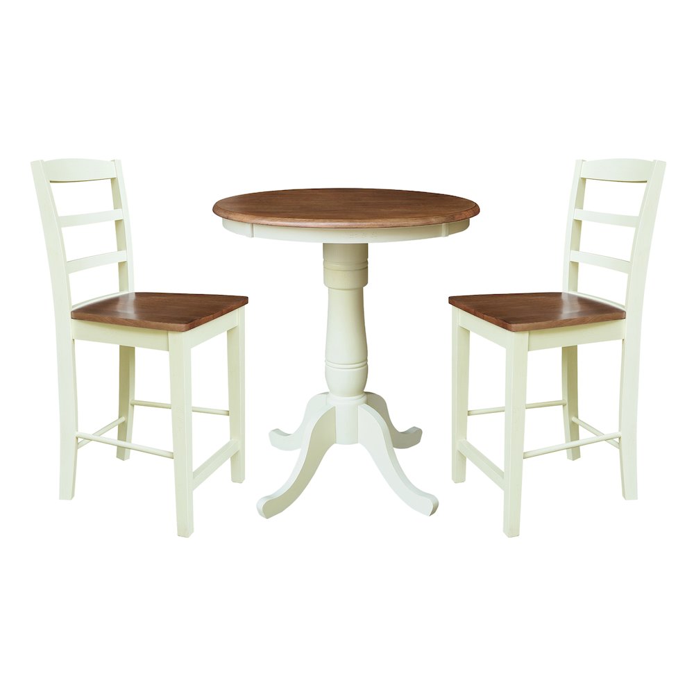 30" Round Pedestal Gathering Height Table With 2 Madrid Counter Height Stools. Picture 1