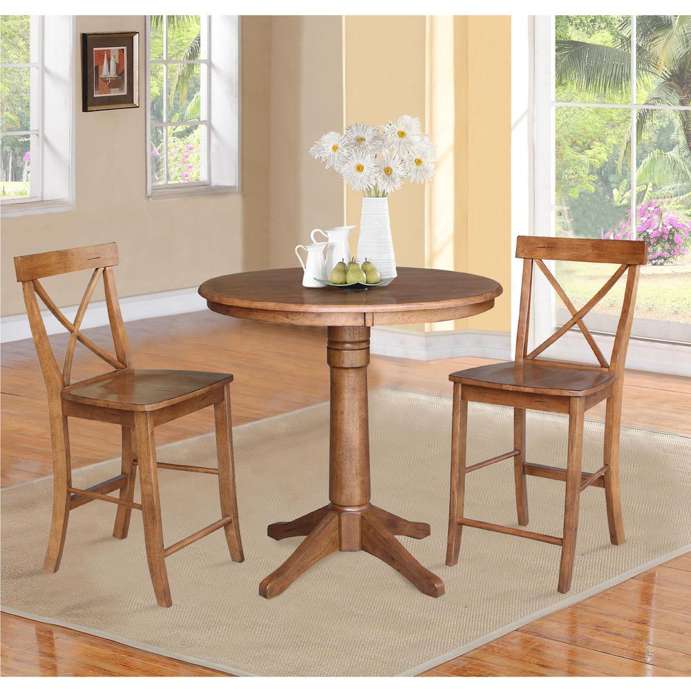 36" Round Pedestal Gathering Height Table with 2 X-Back Counter Height Stools. Picture 1