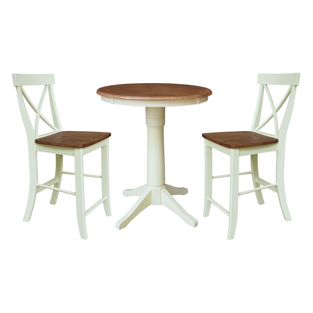 30" round Pedestal gathering Height table with 2 x-Back counter Height Stools. Picture 1