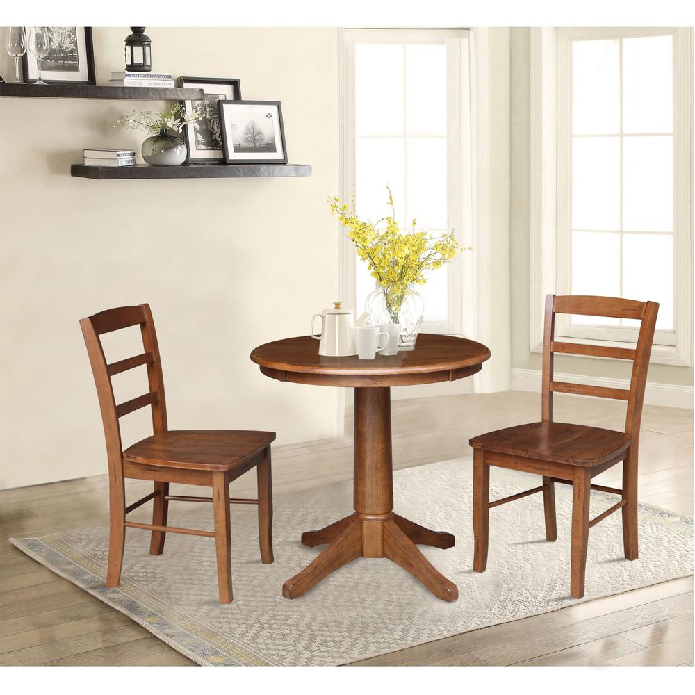 30" Round Top Pedestal Dining Table with 2 Madrid Ladderback Chairs. Picture 1