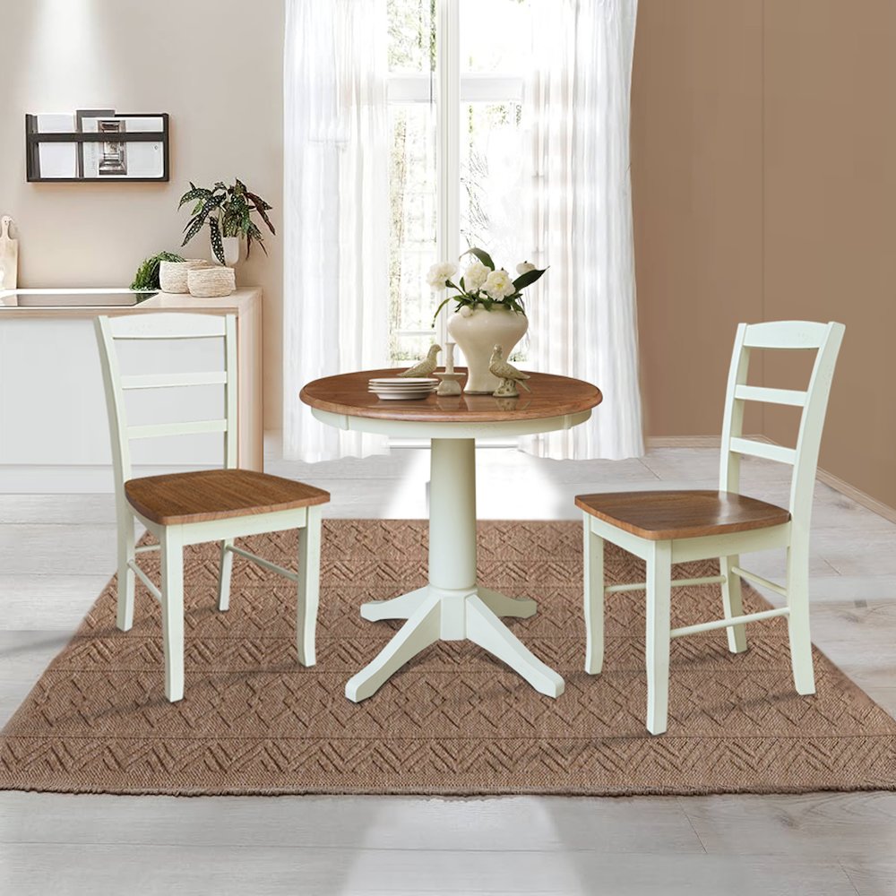 30" Round Pedestal Dining Table 2 Madrid LadderBack Chairs - 3 Piece Dining Set. Picture 4