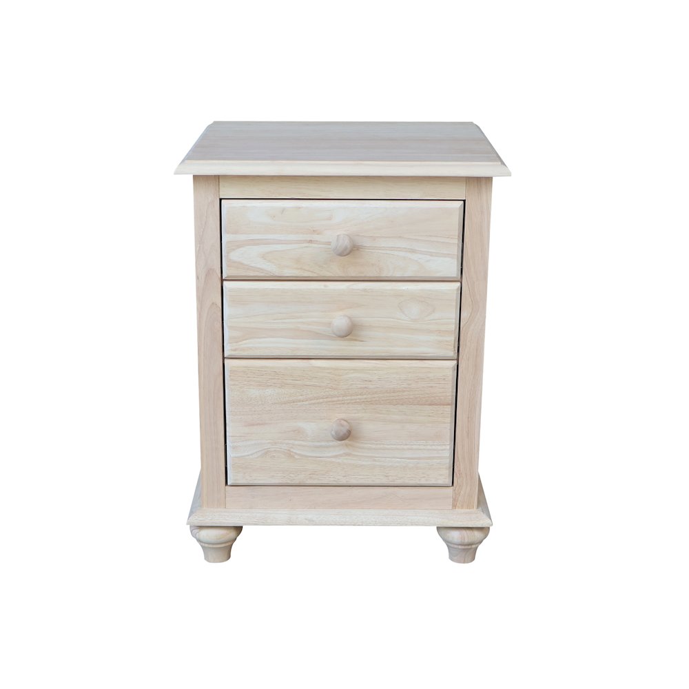 Solid Wood 3-Drawer Nightstand, Unfinished Ready to Finish Bedside Table. Picture 1