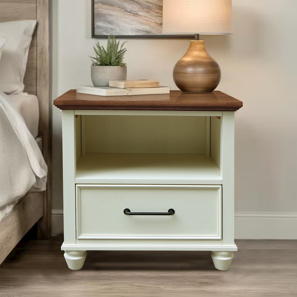 Solid Wood 1-Drawer Nightstand, Hickory and Shell Two-Tone Bedside Table. Picture 2
