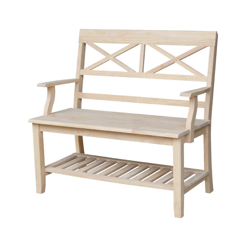 Double X-Back Bench With Arms and Shelf, Unfinished. Picture 1