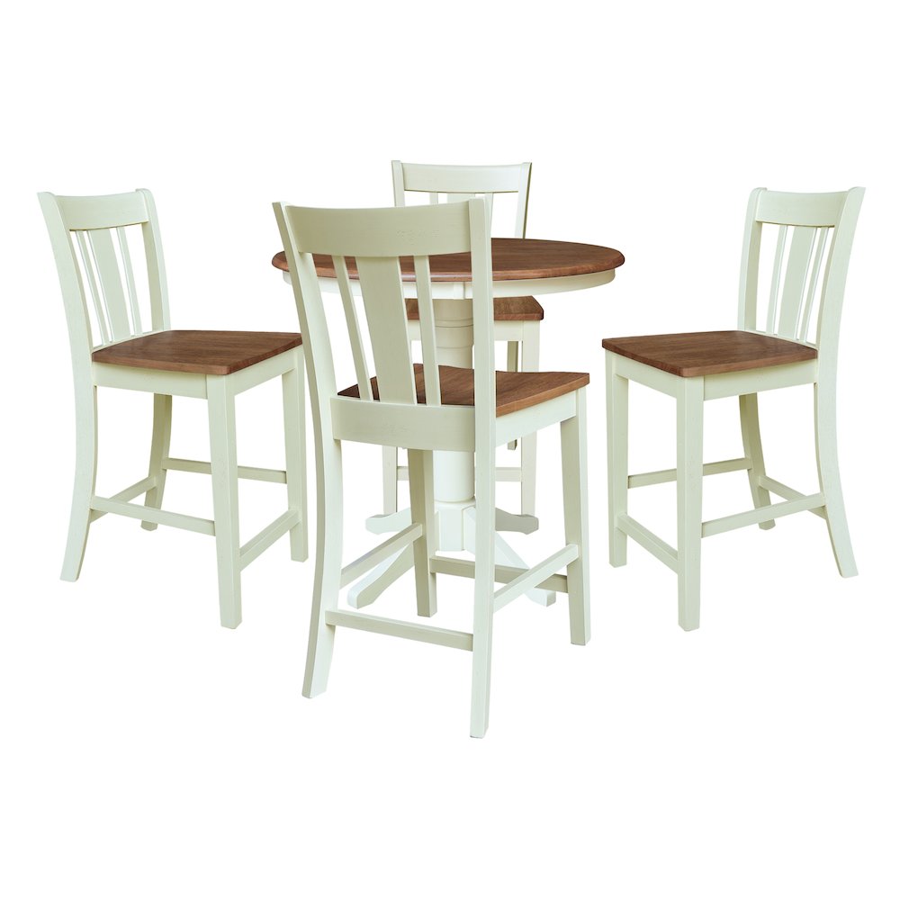 36" Round Pedestals Gathering Height Dining Table With 4 Counter Height Stools. Picture 1