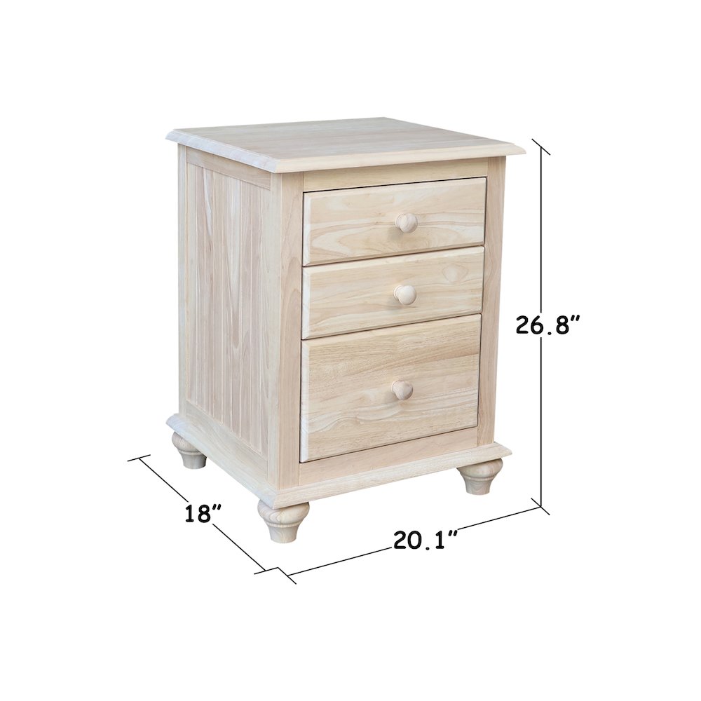 Solid Wood 3-Drawer Nightstand, Unfinished Ready to Finish Bedside Table. Picture 2