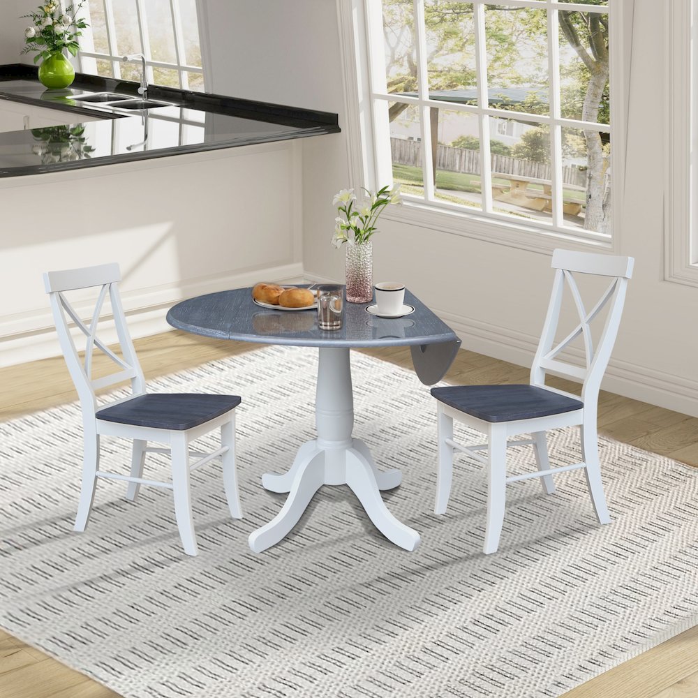 42" Round Top Dual Drop Leaf Pedestal Table with 2 Dining Chairs. Picture 4