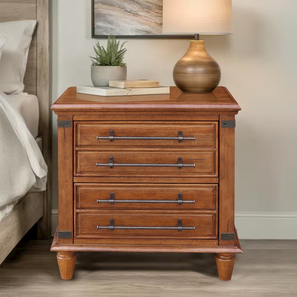 2-Drawer Nightstand with USB Charging, Rich Bourbon Brown Wide Bedside Chest. Picture 2