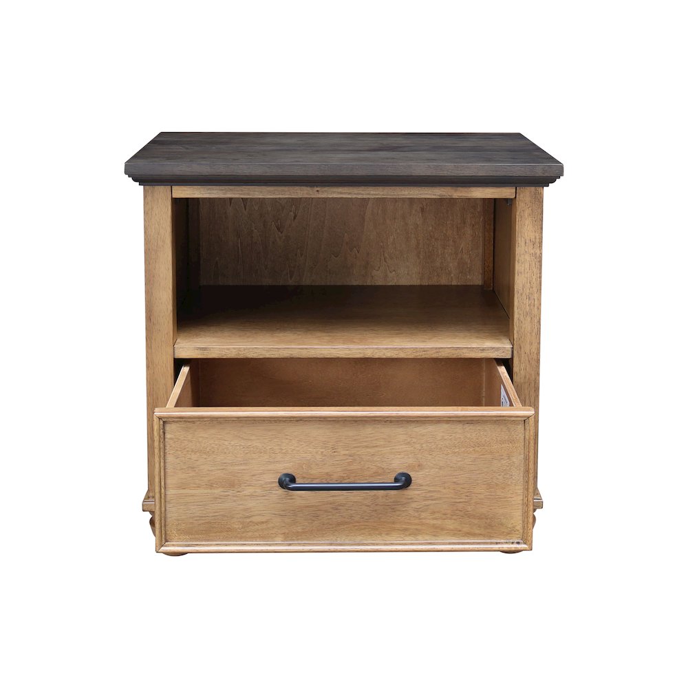 Solid Wood 1-Drawer Nightstand, Hickory & Washed Coal Two-Tone Bedside Table. Picture 7