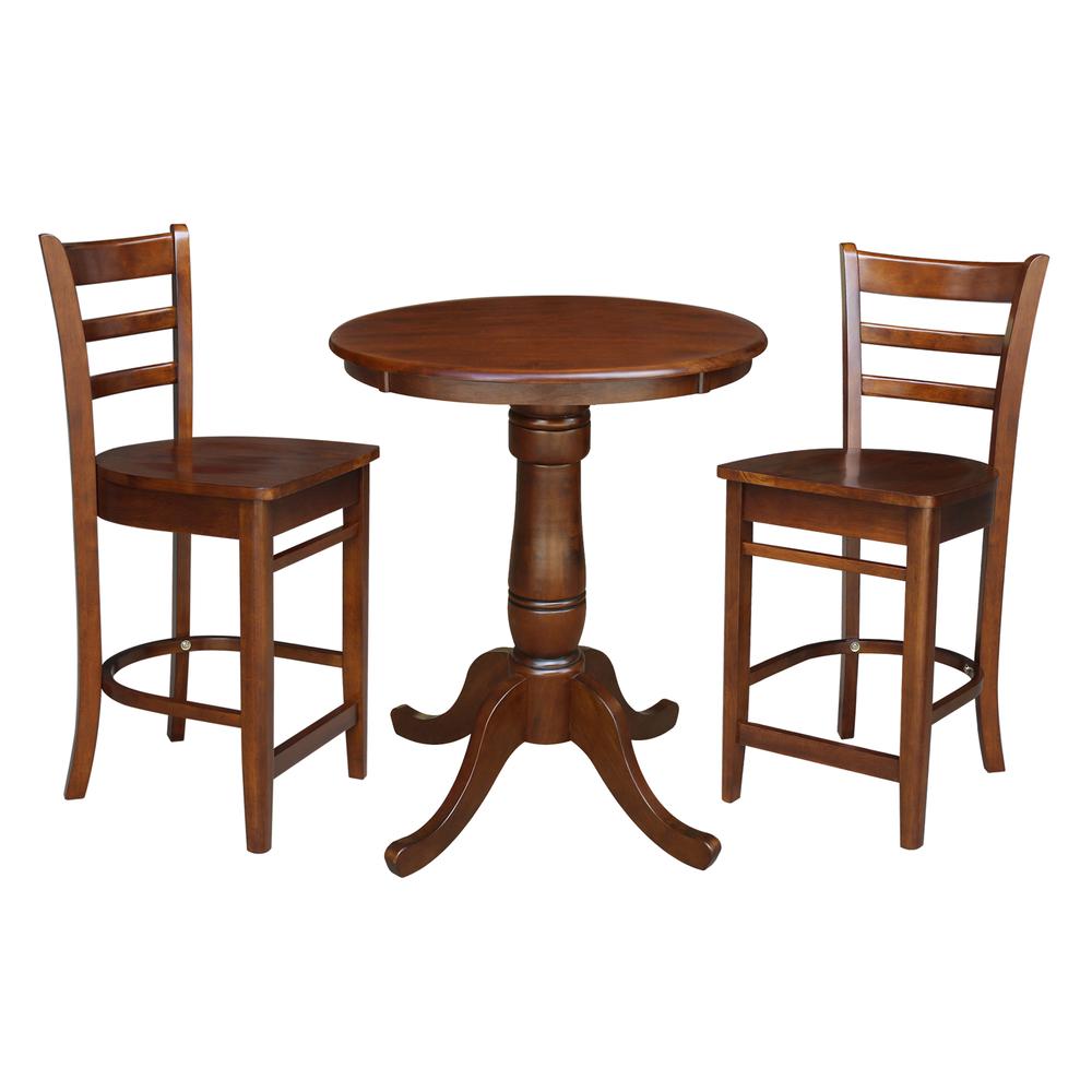30" Round Pedestal Gathering Height Table with 2 Emily Counter Height Stools. Picture 2