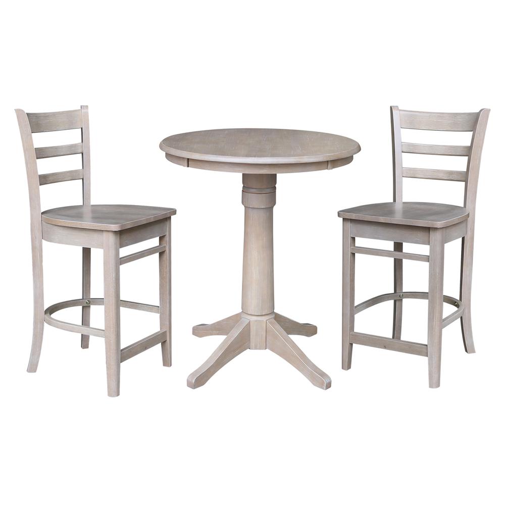 30" Round Pedestal Gathering Height Table with 2 Emily Counter Height Stools. Picture 2