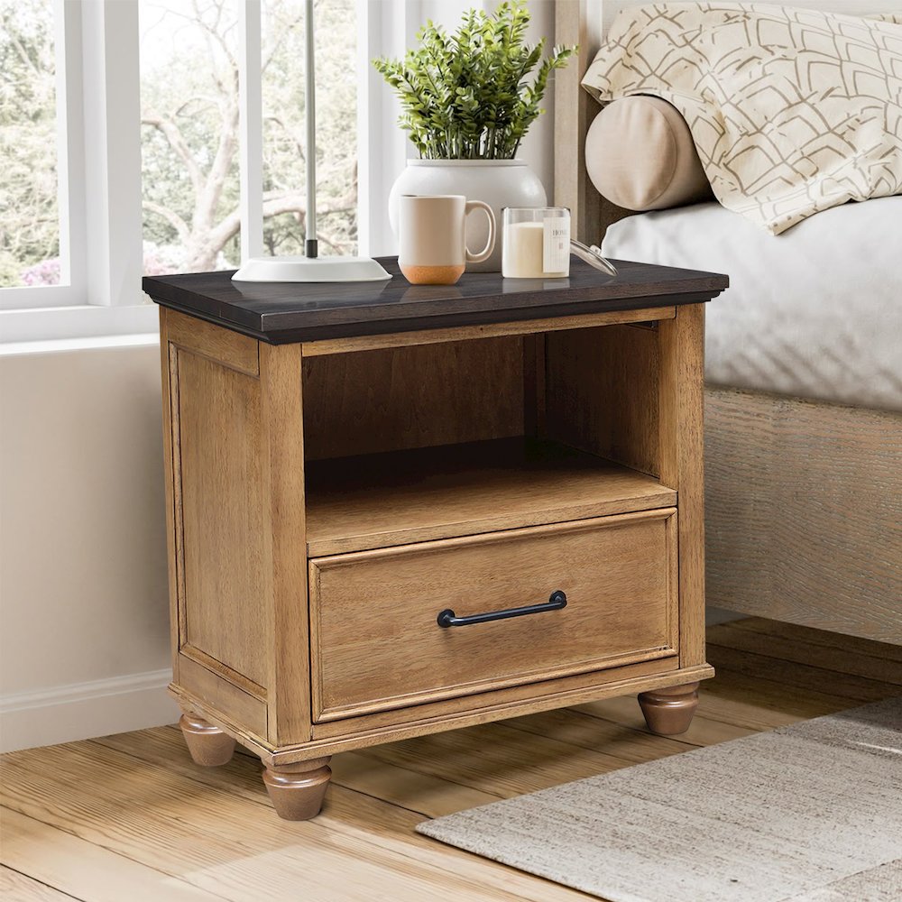Solid Wood 1-Drawer Nightstand, Hickory & Washed Coal Two-Tone Bedside Table. Picture 2