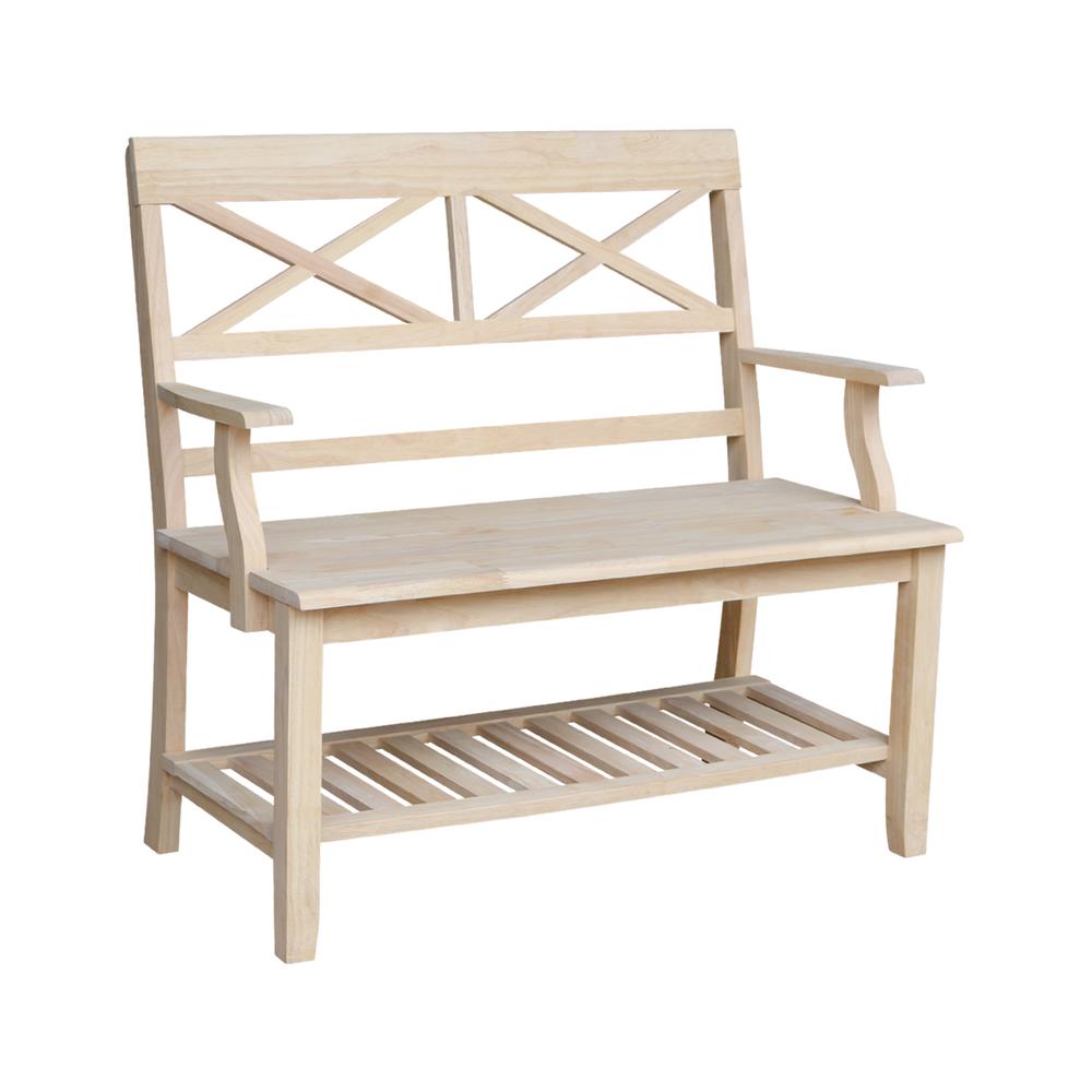 Double X-Back Bench With Arms and Shelf, Unfinished. Picture 8
