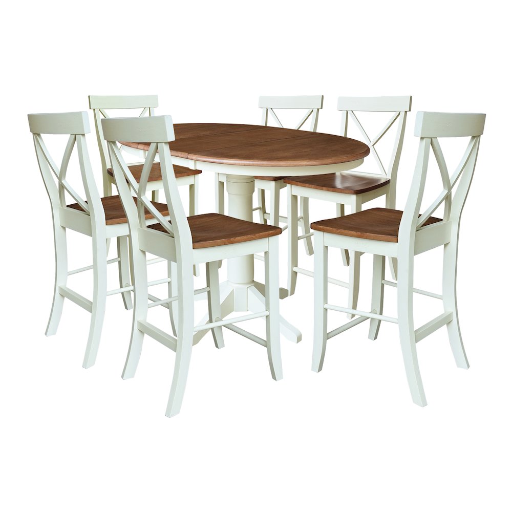 36" Round Extension Dining Table with 6 X-Back Counter Height Stools. Picture 1