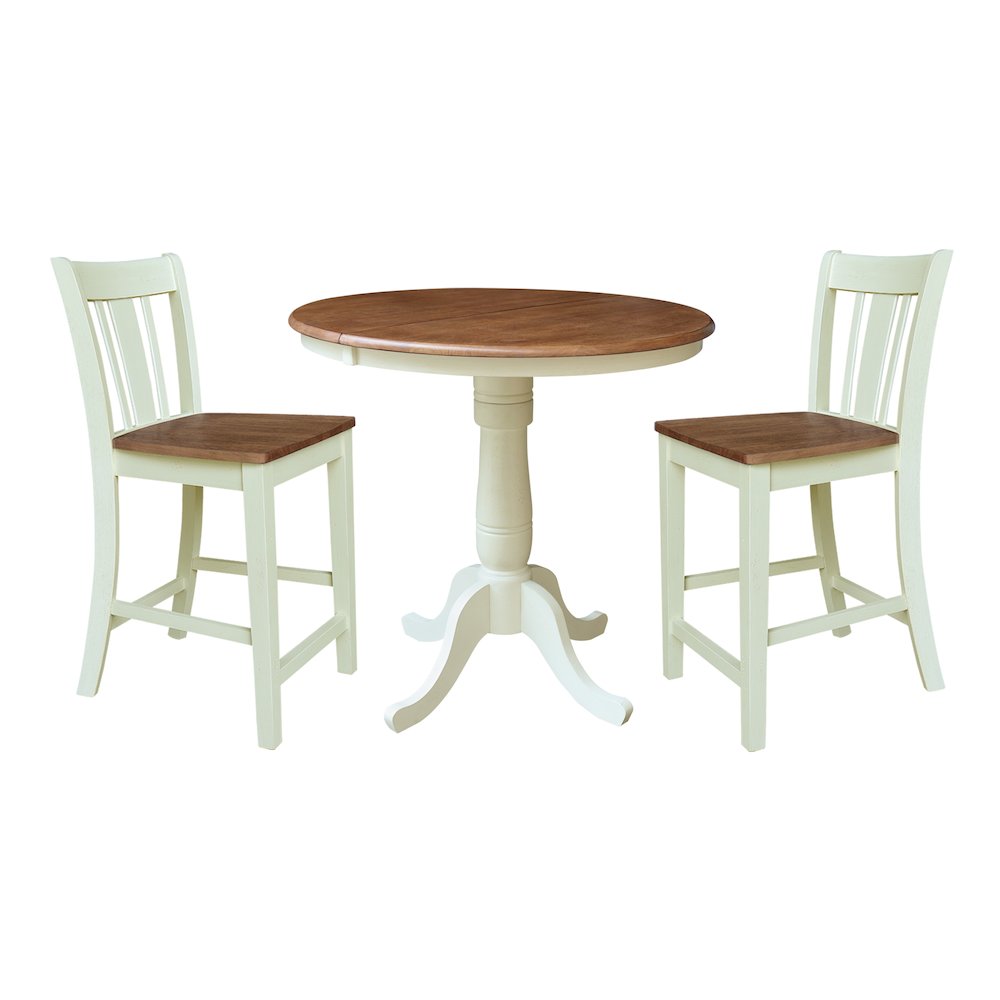 36" Round Pedestal Extension Counter Height Dining Table with 2 San Remo Stools. Picture 1