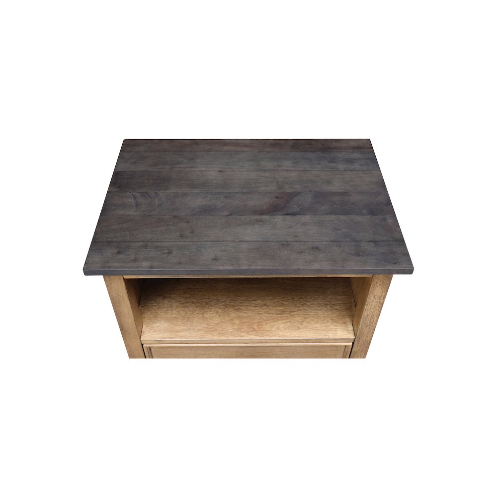 Solid Wood 1-Drawer Nightstand, Hickory & Washed Coal Two-Tone Bedside Table. Picture 11