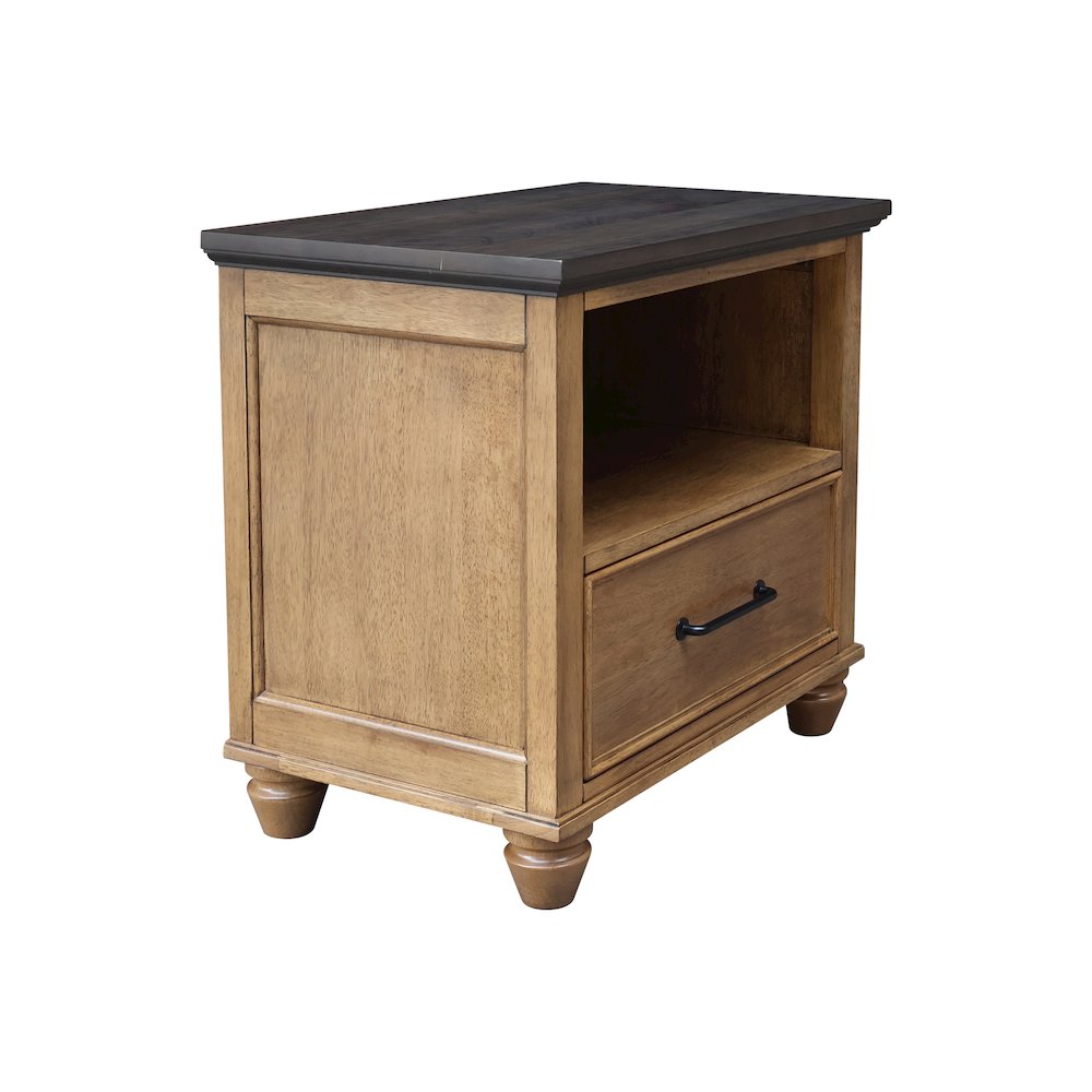 Solid Wood 1-Drawer Nightstand, Hickory & Washed Coal Two-Tone Bedside Table. Picture 5