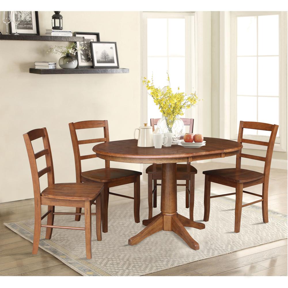 36" Round Extension Dining Table with Leaf and 4 Madrid Ladderback Chairs - 5 Piece Dining Set, Distressed Oak. Picture 1