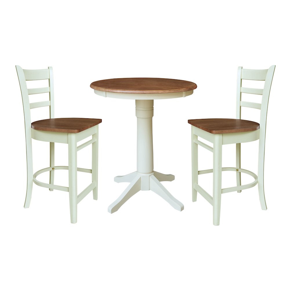 30" Round Pedestal Gathering Height Table with 2 Emily Counter Height Stools. Picture 1