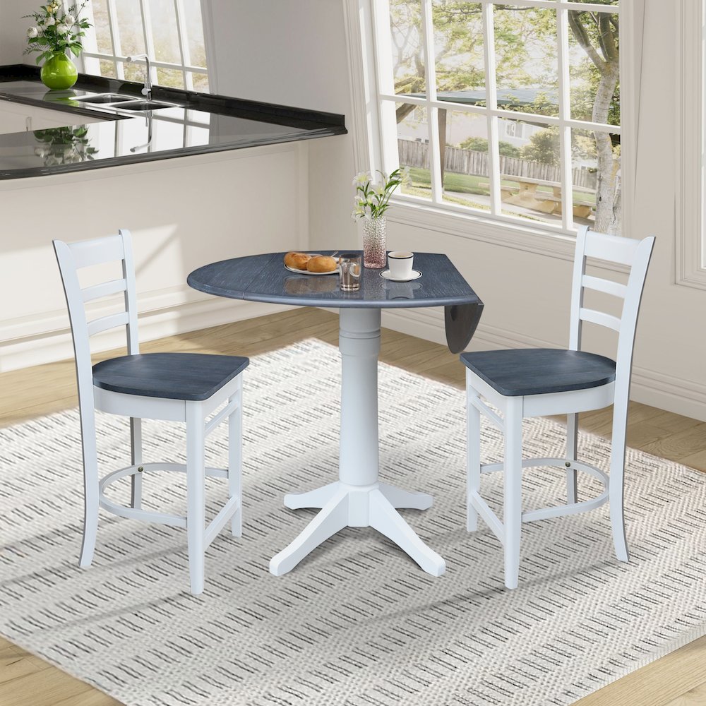 42" Round Top Dual Drop Leaf Pedestal Table with 2 Stools. Picture 5