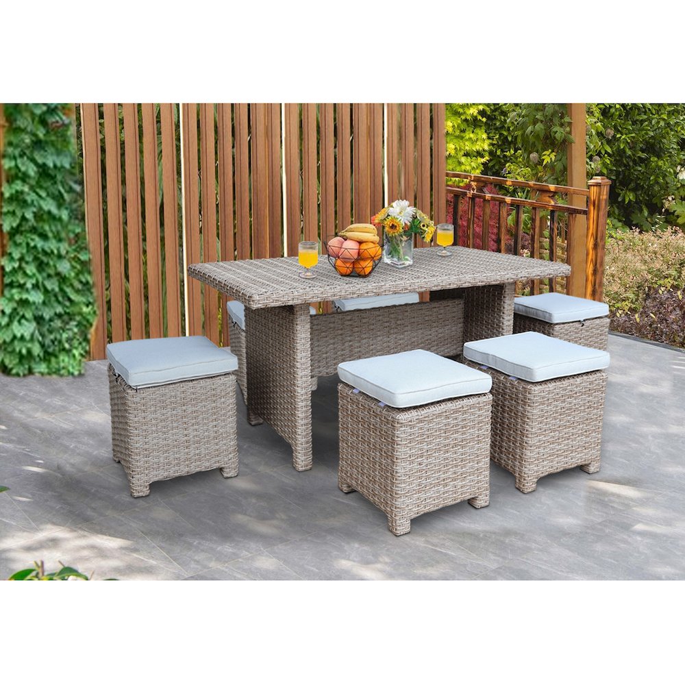 Outdoor 5 Piece Wicker Patio Furniture Set with a Table and 4 Stools, Natural. Picture 5