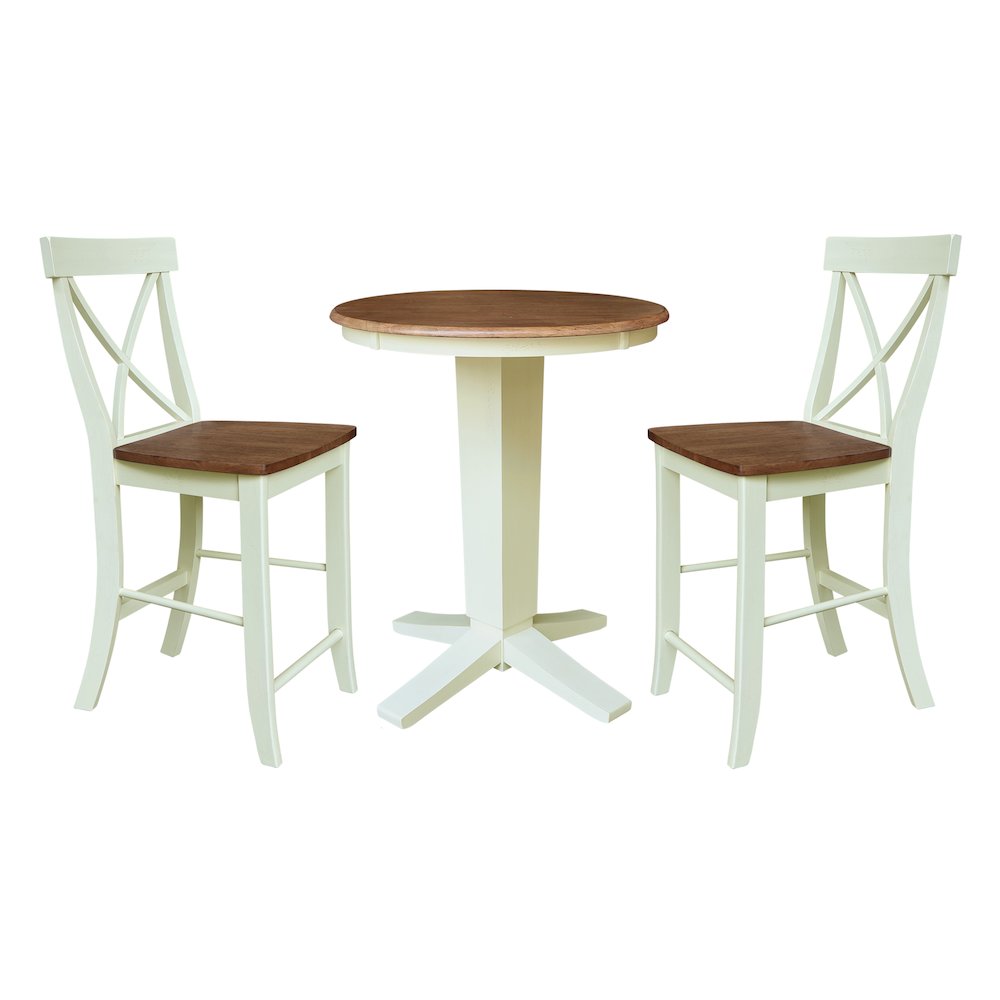30" Solid Wood Round Top Pedestal Dining Table with 2 Counter Height Stools. Picture 1