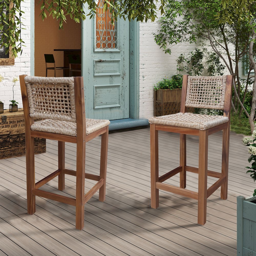 Outdoor Set of Two Stool with Wicker Seats and Back. Picture 8