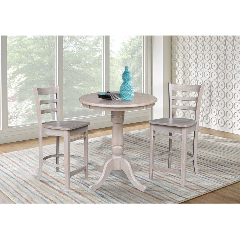 30" Round Pedestal Gathering Height Table with 2 Emily Counter Height Stools. Picture 1