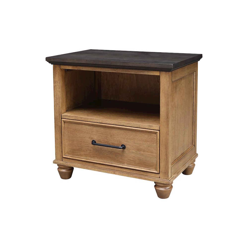 Solid Wood 1-Drawer Nightstand, Hickory & Washed Coal Two-Tone Bedside Table. Picture 4