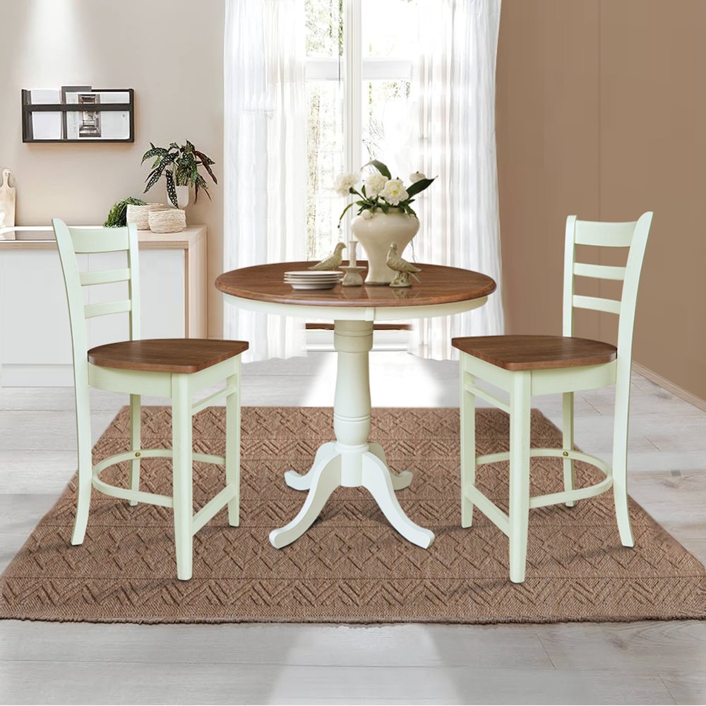 36" Round Pedestal Gathering Height Table With 2 Emily Counter Height Stools. Picture 4