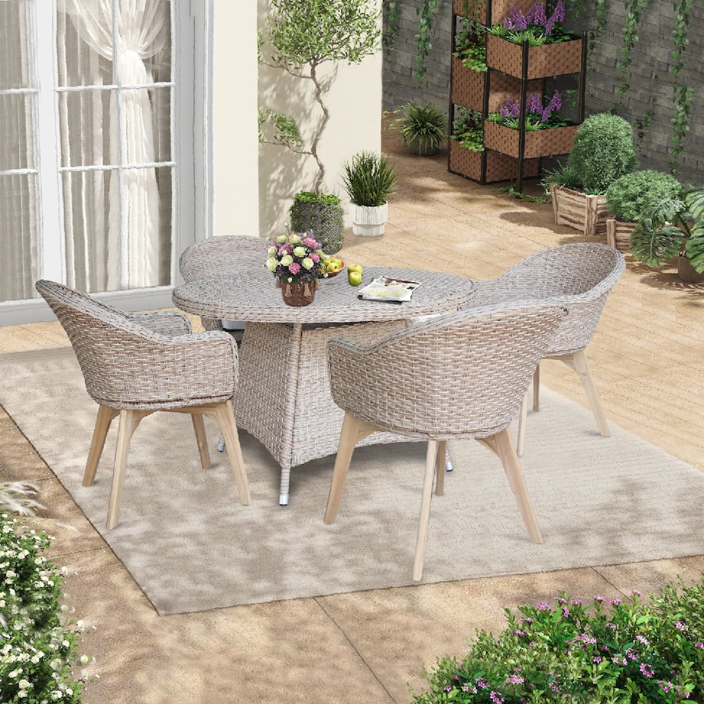 Outdoor 5 Piece Wicker Patio Furniture Set with a Round Table and 4 Chairs. Picture 9