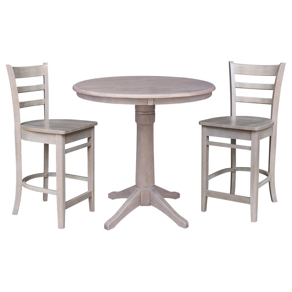 36" Round Pedestal Gathering Height Table with 2 Emily Counter Height Stools. Picture 2