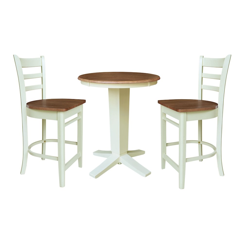 30" Solid Wood Round Top Pedestal Dining Table with 2 Counter Height Stools. Picture 1