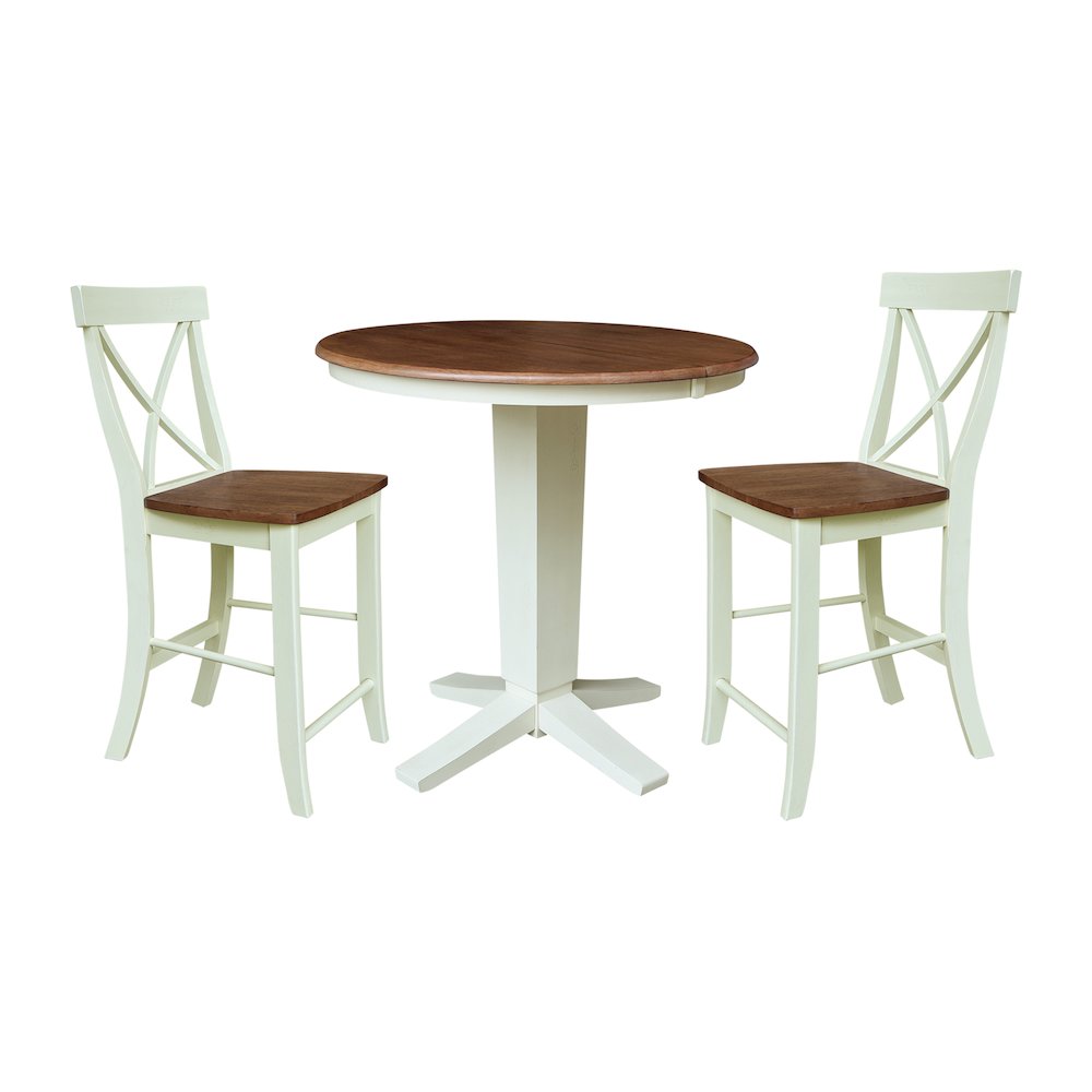36" Solid Wood Round Extension Dining Table with 2 Counter Height Stools. Picture 1